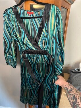 Signature by Sangria Teal, Black & Gold Geometric Wrap Dress